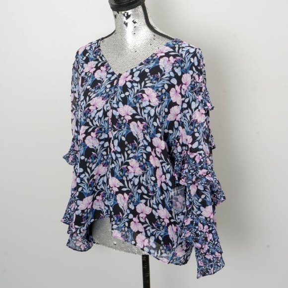 NWT Vince Camuto Navy Floral Tiered Ruffle-Sleeve V-Neck Top -Large - Picture 4 of 6